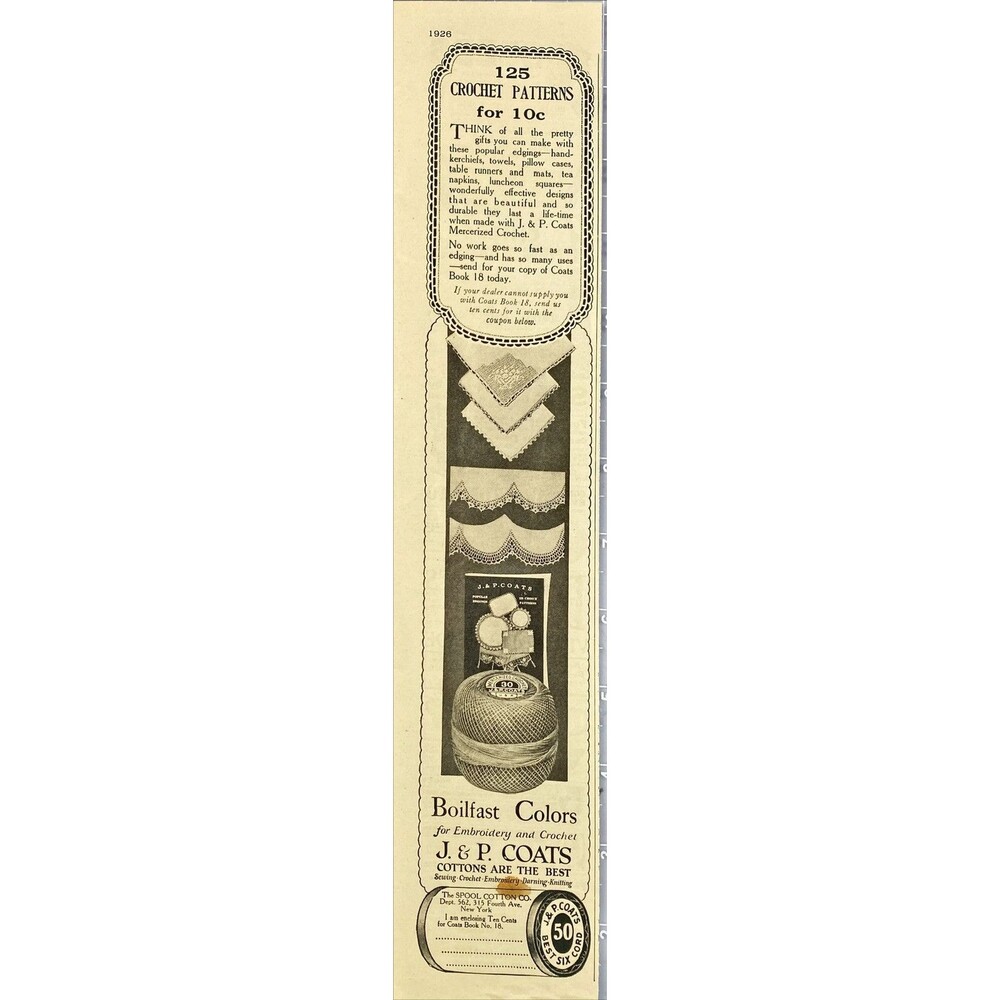 J & P Coats "Sewing Crochet Embroidery Darning Knitting" Vintage Print Ad 1926